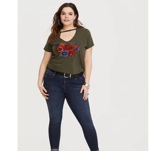 Torrid Olive Embroidered Floral Choker Tee, 2
